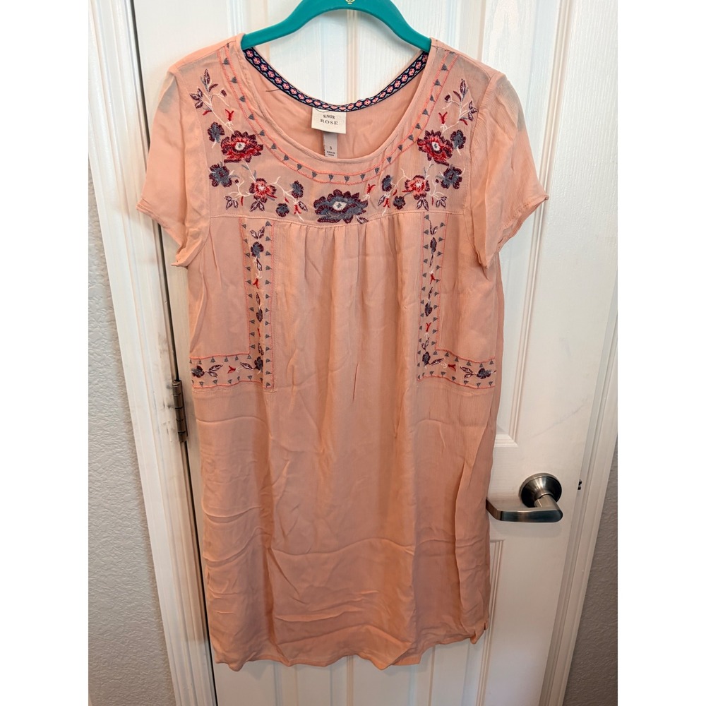 Knox Rose Shift Dress Peach Floral Embroidered Boho Short Sleeve Mini Dress